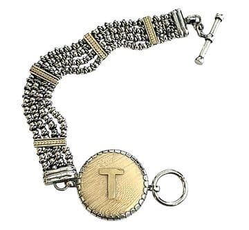 PULSEIRA 4 FIADAS BOLINHAS E 4 TRAVESSÕES OURO COM MEDALHA MARFIM E INICIAL EM OURO