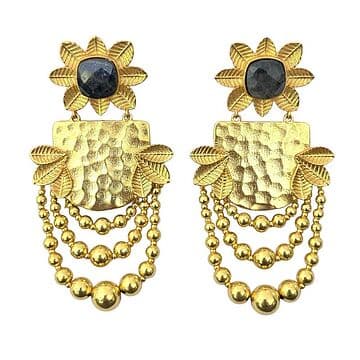 BRINCOS LATÃO COM BANHO OURO 24KT, FLOR COM LABRADORITE